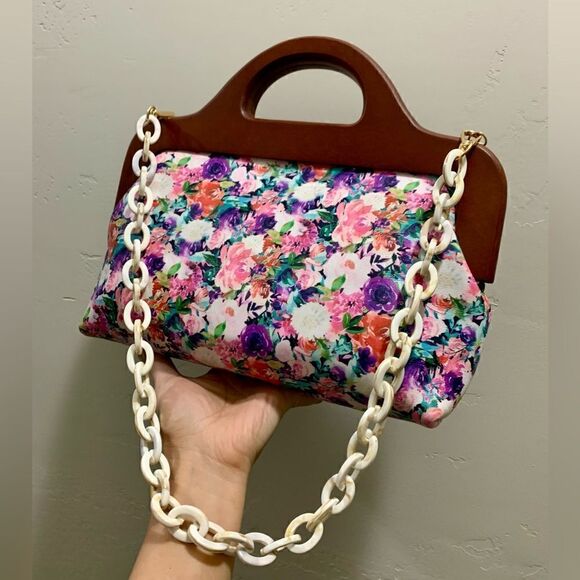 Handmade Genuine Leather Floral Print Large Wooden Frame Bag & 2 Strap Styles - Picture 7 of 15